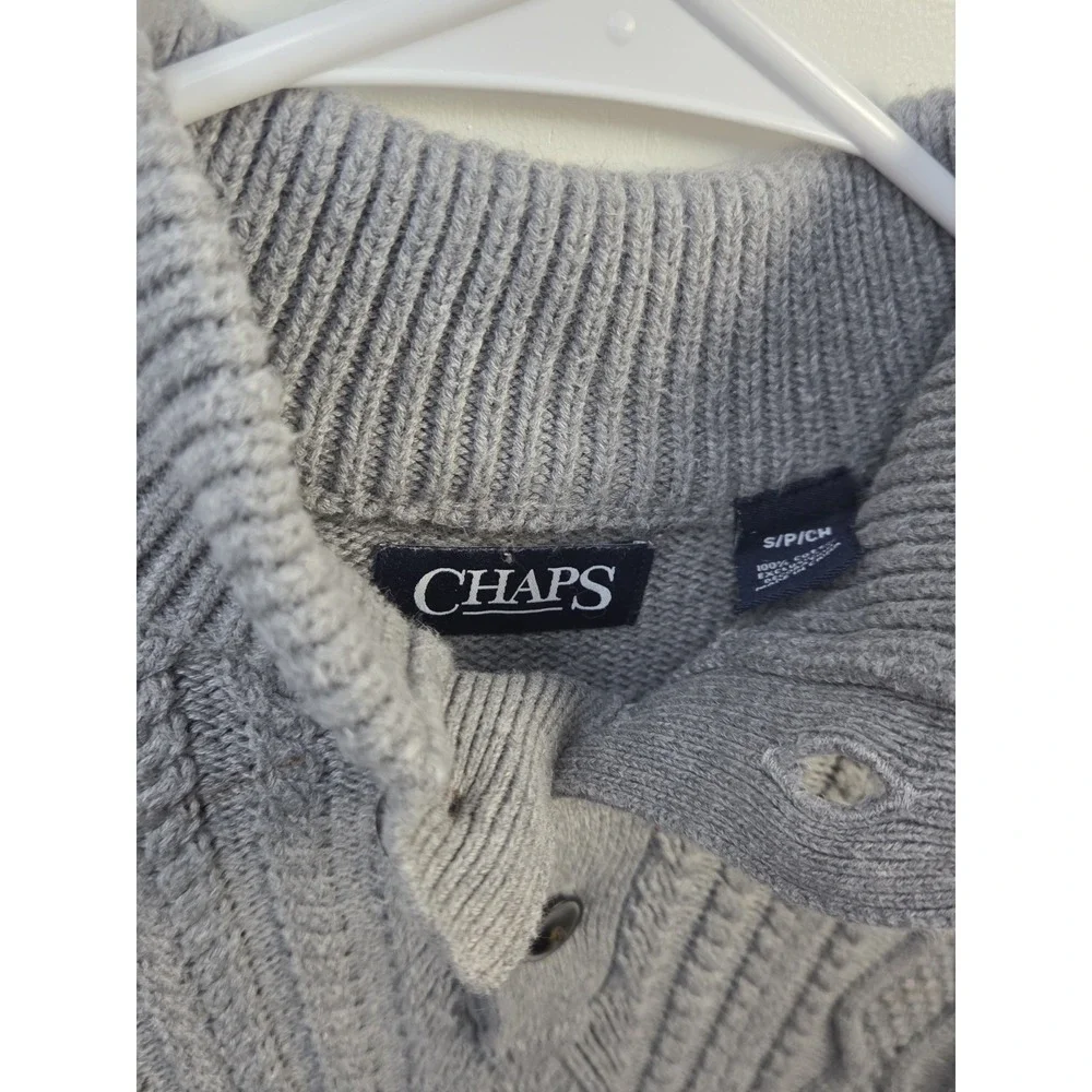 Chaps Men Small Gray Cable Knit Sweater Mock Neck 3-Button Pullover Workwear...